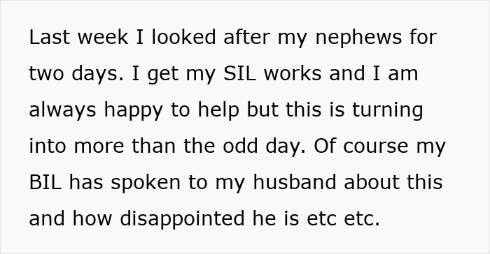 Text about a woman feeling like a "pig in the middle" for not wanting to watch her sister-in-law's kids.