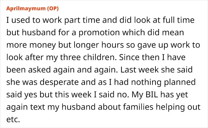 Text message about refusing to watch SIL's kids, discussing family responsibilities and boundaries.