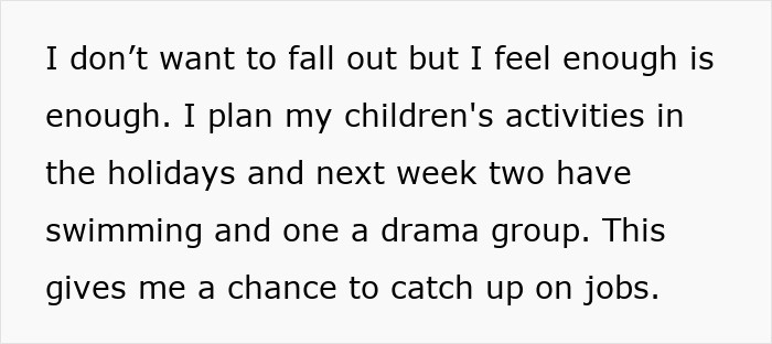 Text expressing frustration about balancing children's activities and responsibilities.