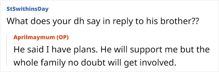 Text conversation discussing family dynamics and husband&rsquo;s support over childcare refusal.