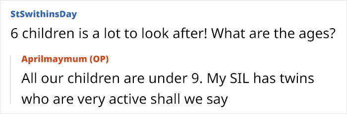 Text conversation about looking after six children, all under age nine, including active twins.