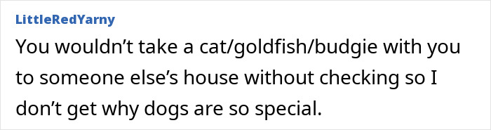 Text highlights a comment on bringing pets unannounced to someone&rsquo;s home, mentioning cats, goldfish, and budgies, questioning why dogs are special.