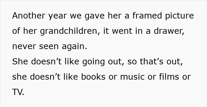 Text discussing a woman's frustrations with her mother-in-law's lack of interest in gifts and activities.