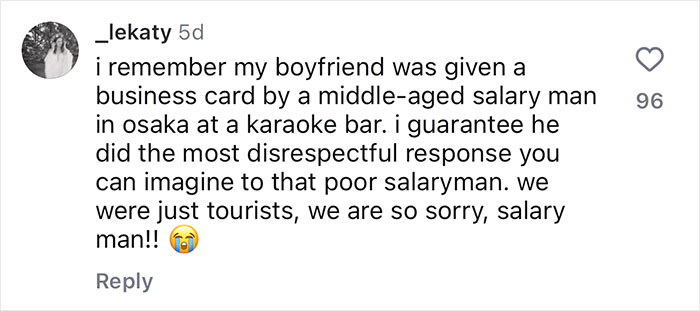 Text exchange about Japan's work culture, highlighting an incident involving a business card from a salaryman in Osaka. Text exchange about Japan's work culture, highlighting an incident involving a business card from a salaryman in Osaka.