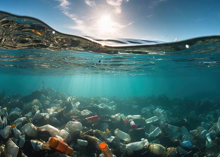 Ocean view with scattered debris floating, emphasizing caution at sea with wild sightings.