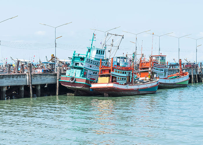 Colorful fishing boats docked at a pier, an intriguing sighting at sea.