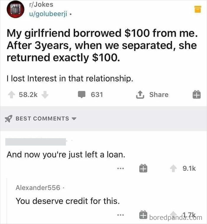 Screenshot of a funny fail from a social media post about a girlfriend returning a borrowed $100 after 3 years.