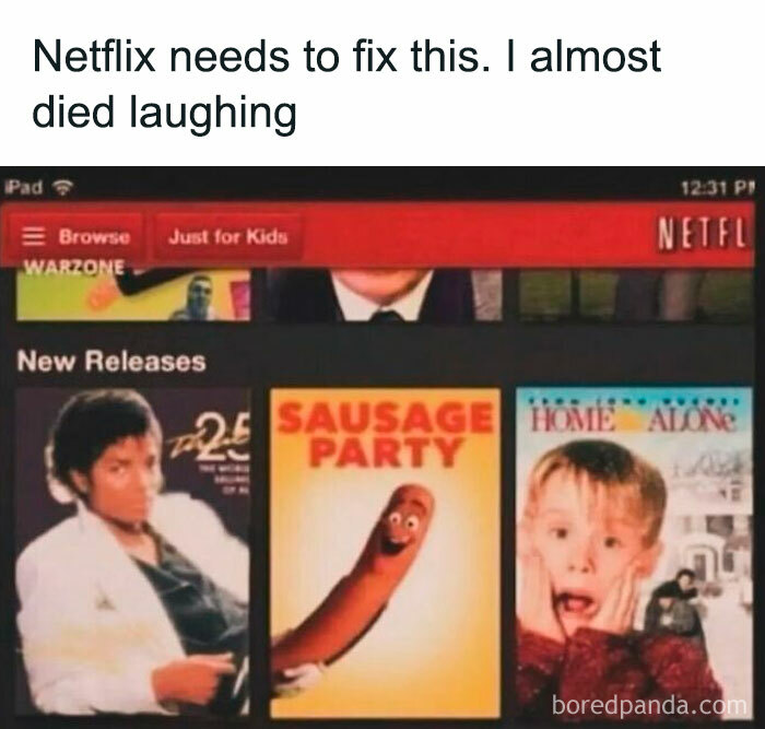 Netflix error with inappropriate "Just for Kids" section featuring Sausage Party, showcasing Worst-Funny-Fails humor.