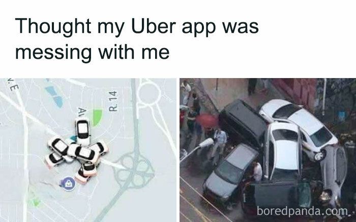 Funny fail with GPS app confusion showing a cluster of cars in traffic jam.