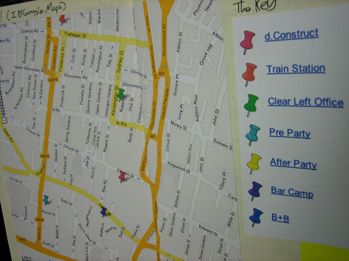 Map with locations for various events, including pins for d.Construct, train station, and Bar Camp.