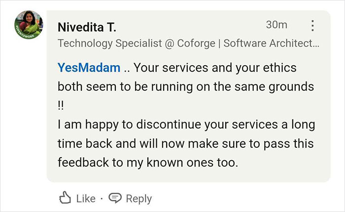 Comment criticizing YesMadam's service and ethics, suggesting dissatisfaction and discontinuation.