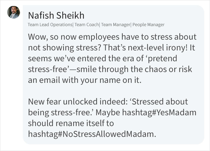 Text message about employee stress related to YesMadam allegedly firing staff, highlighting irony and stress culture.