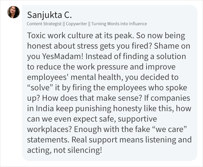 Screenshot of a comment criticizing YesMadam for allegedly firing stressed employees.