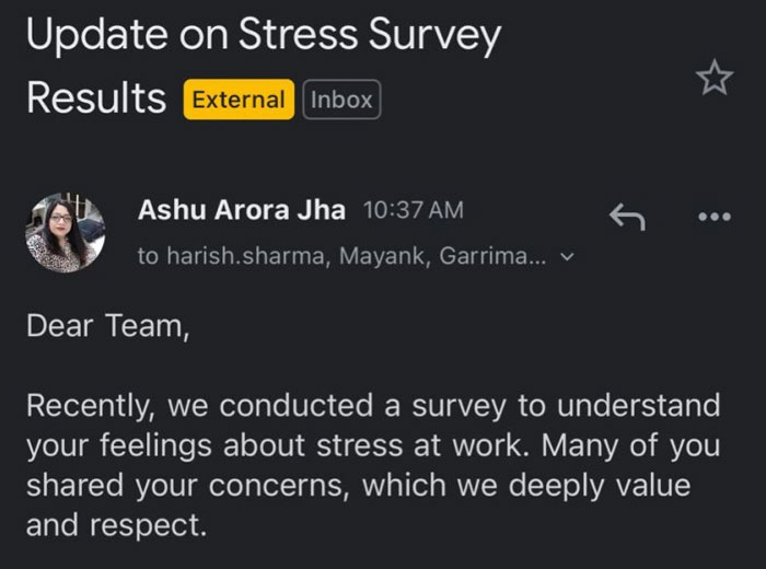 Email discussing stress survey results at YesMadam, related to employee firing controversy.