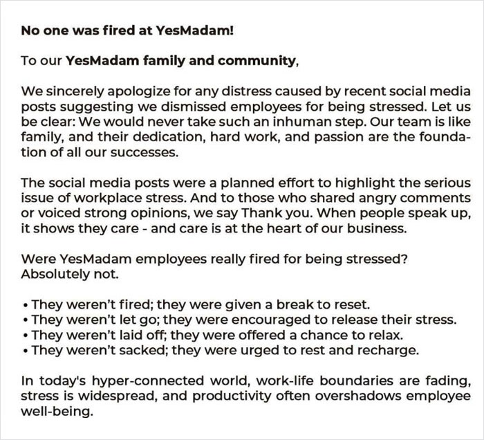 Statement from YesMadam addressing social media allegations about firing stressed employees, clarifying the situation.
