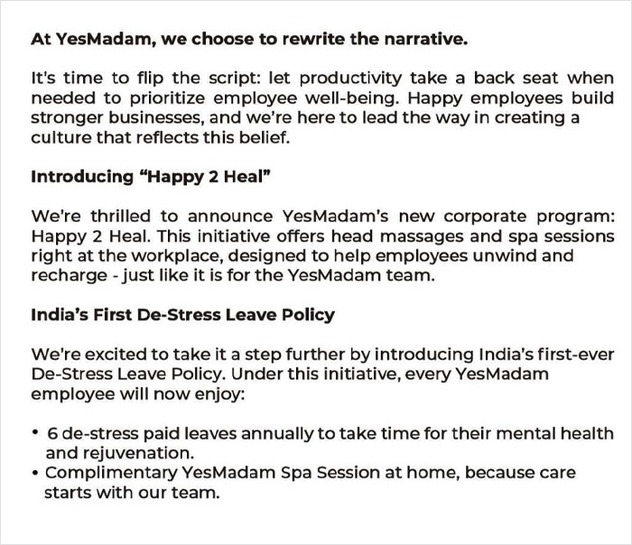 YesMadam announces "Happy 2 Heal" program and De-Stress Leave Policy for employee well-being.