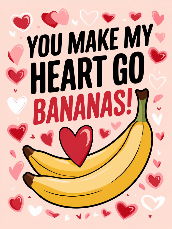 Food pun card with bananas and hearts, text: "You make my heart go bananas!"