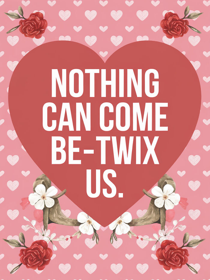 Valentine's food pun card with "Nothing Can Come Be-Twix Us" on a heart background with flowers and hearts.
