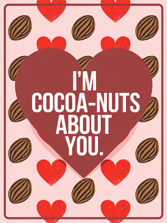 Food pun card with a heart, cocoa beans, and text: "I'm cocoa-nuts about you."