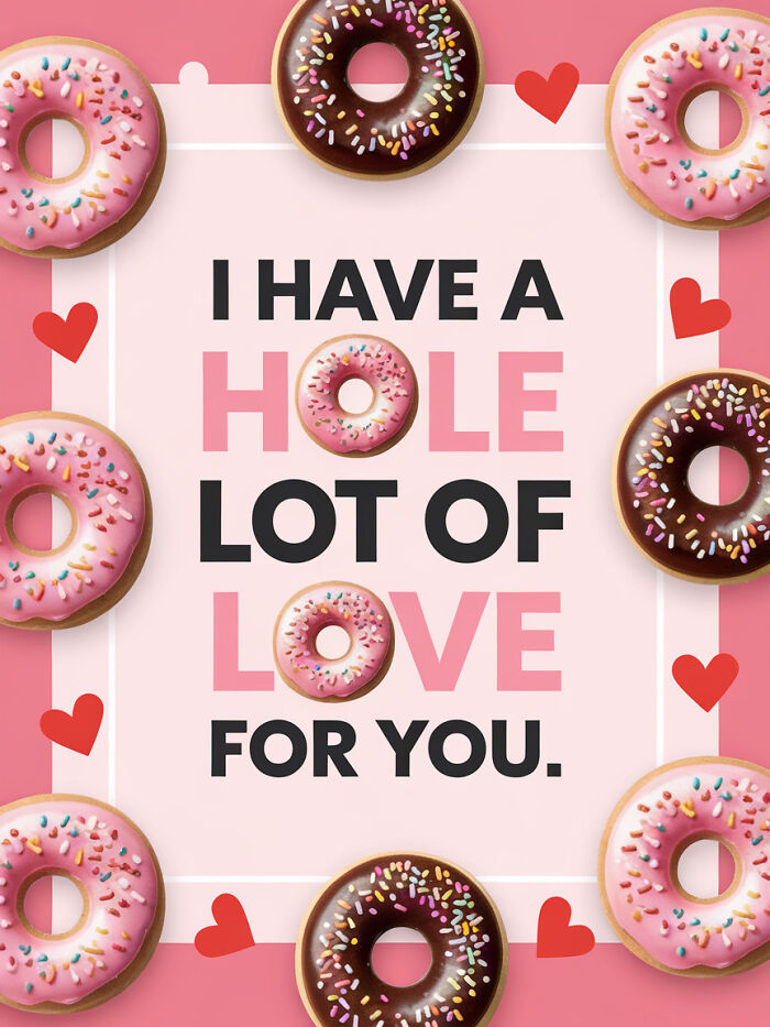 Food pun card with donuts and red hearts, featuring the text "I have a hole lot of love for you."