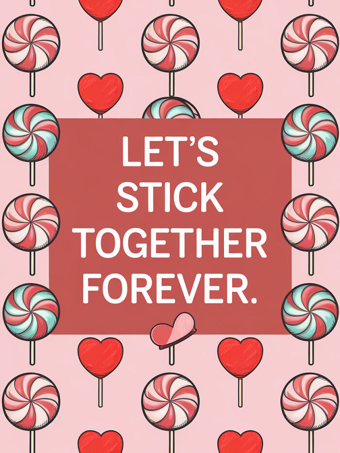 Valentine food pun card with lollipops and hearts, text "Let's Stick Together Forever."