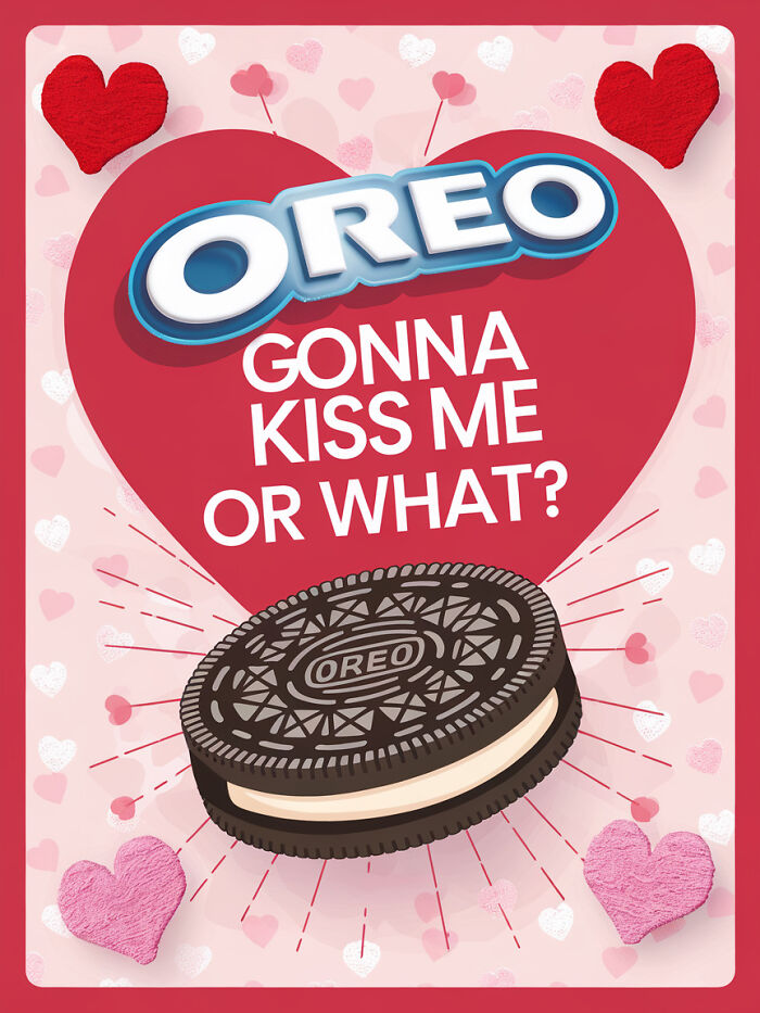 Oreo-themed food pun card with heart background for Valentine’s Day.