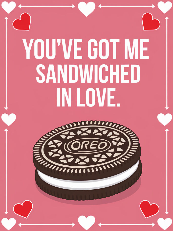 Food pun card with an Oreo illustration and the message "You've got me sandwiched in love" on a pink background.