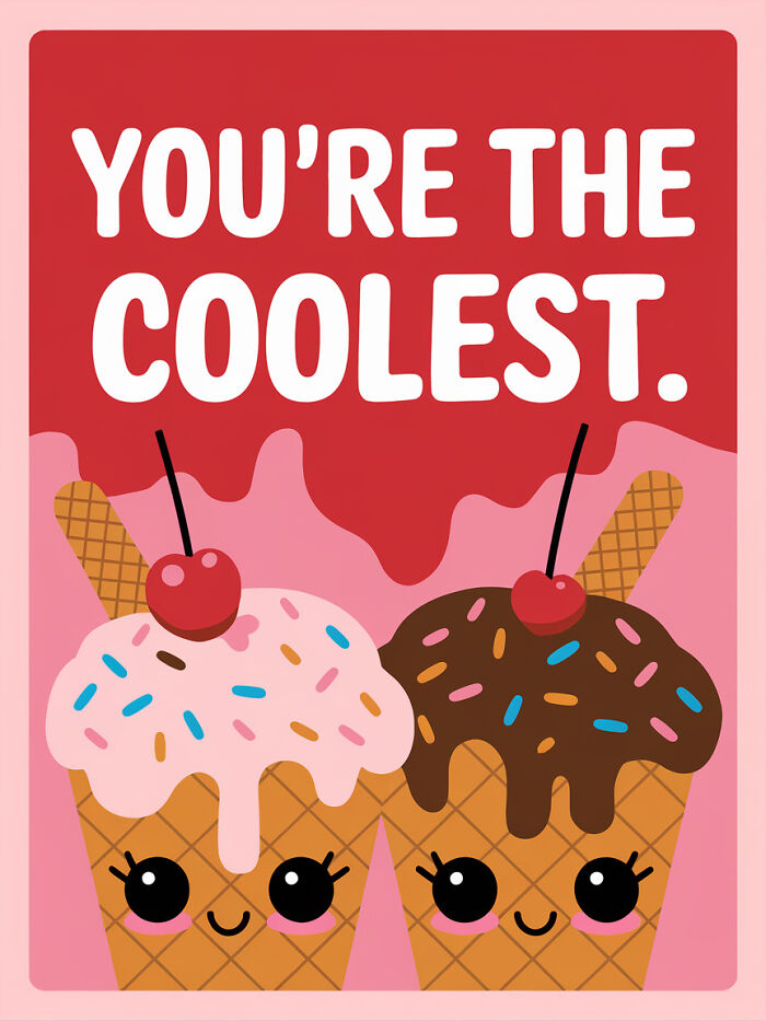 Food pun card with smiling ice cream cones and the phrase "You're the coolest."