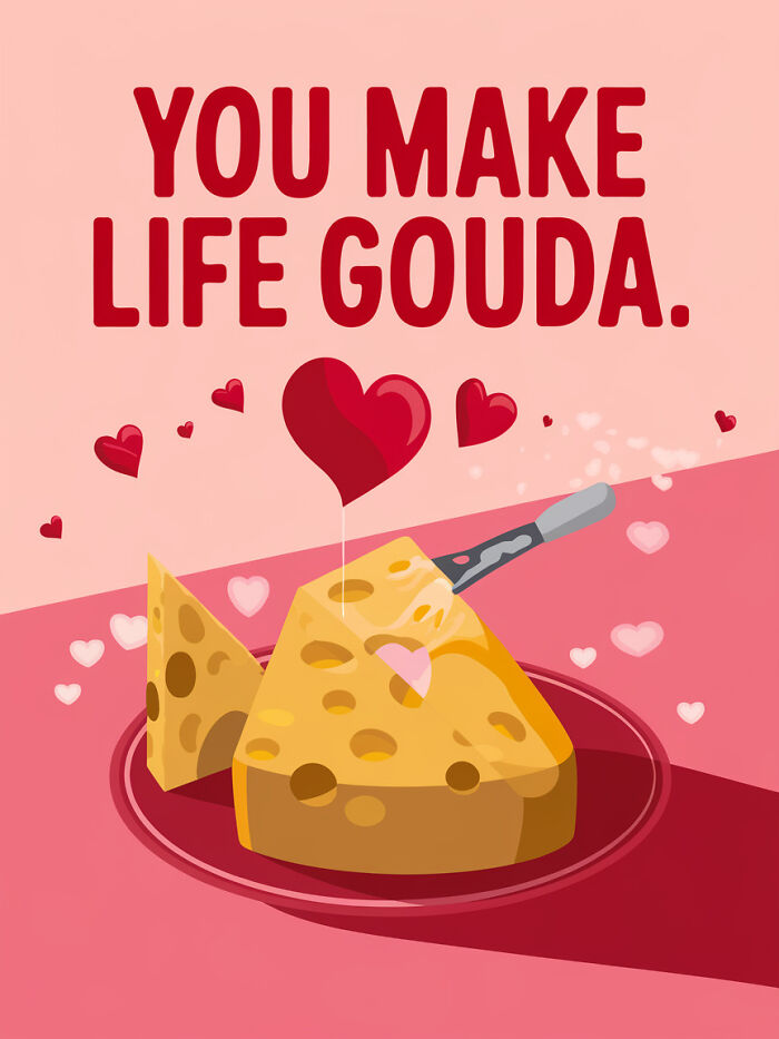 Valentine food pun card with cheese saying "You Make Life Gouda" and hearts around.