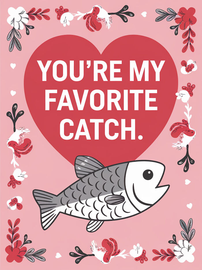 Valentine food pun card featuring a smiling fish and the text "You're My Favorite Catch."