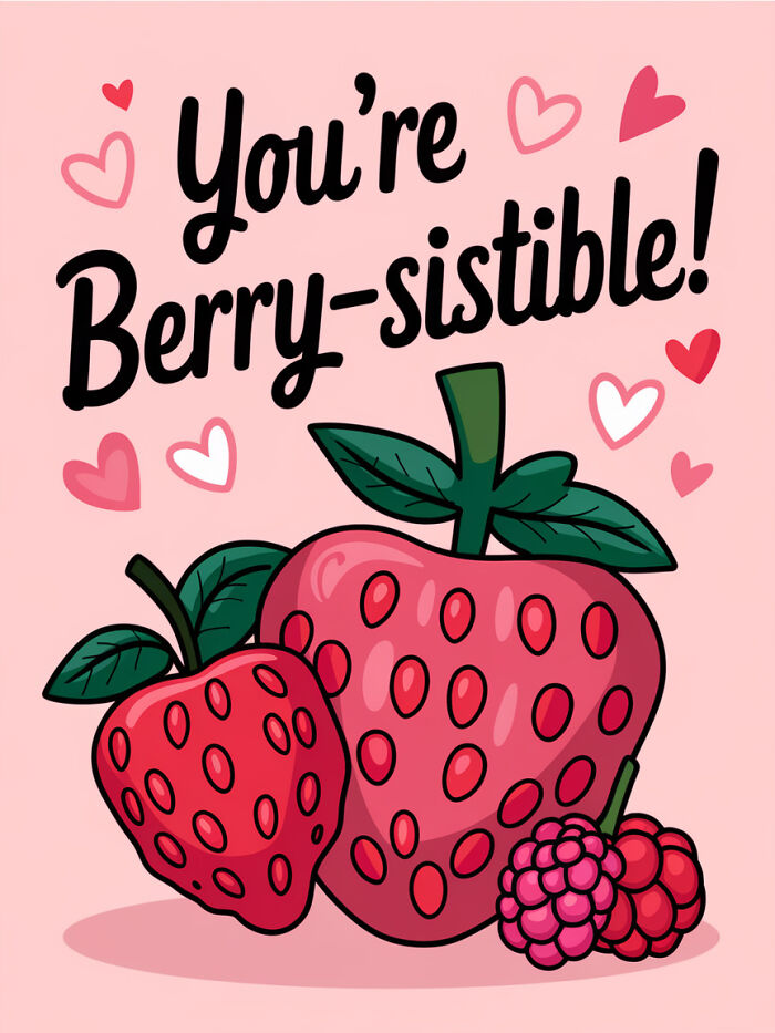 Valentine food pun card with strawberries and raspberries, reading "You're Berry-sistible!" surrounded by hearts.