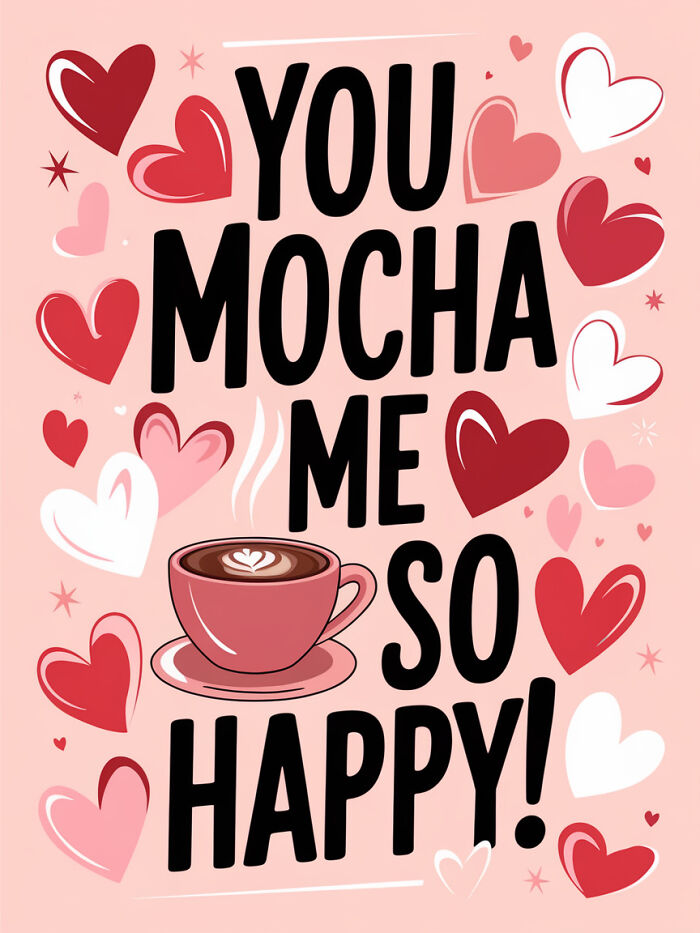 Food pun card with a cup of coffee, surrounded by heart shapes, reading "You Mocha Me So Happy."