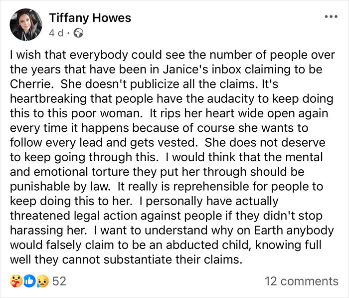 Facebook post discussing claims related to Cherrie Mahan, a girl who vanished in 1985.