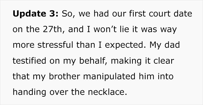 Court update text about a family feud over a taken heirloom, highlighting a brother's manipulation and a father's testimony.