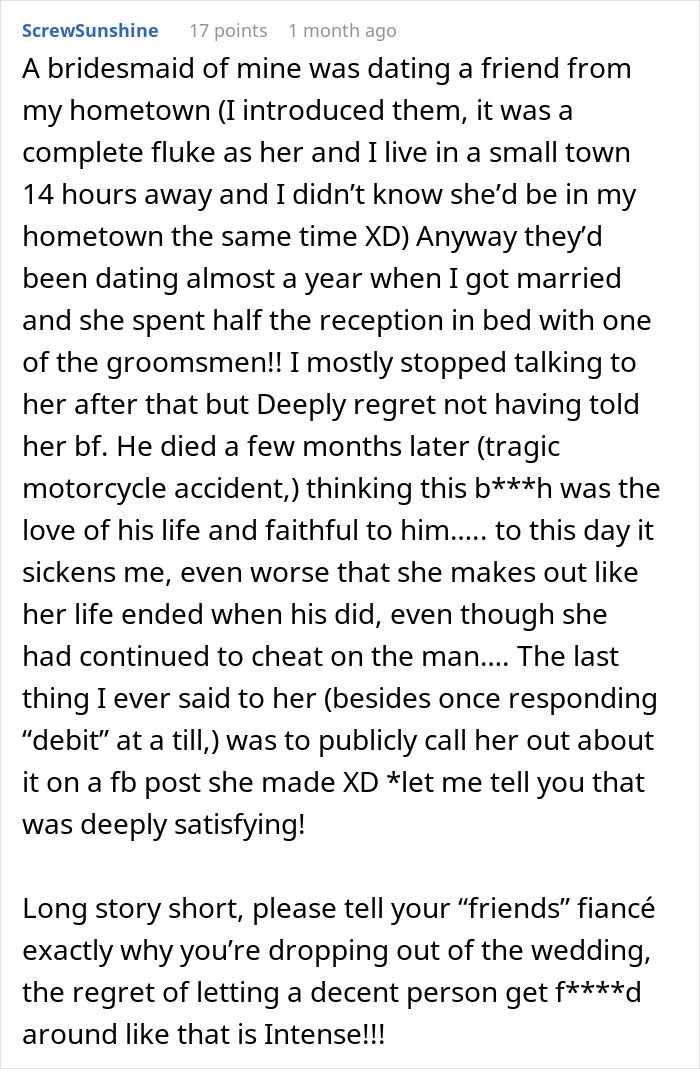 Text about a woman refusing wedding involvement after her best friend's affair confession.