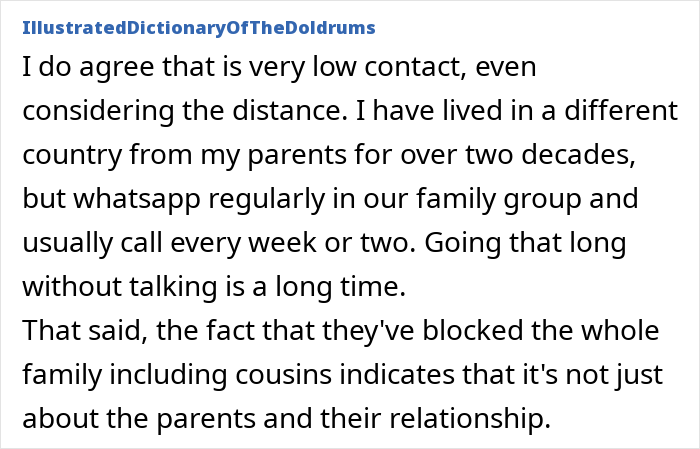 Text discussing family communication issues due to children living abroad blocking relatives.