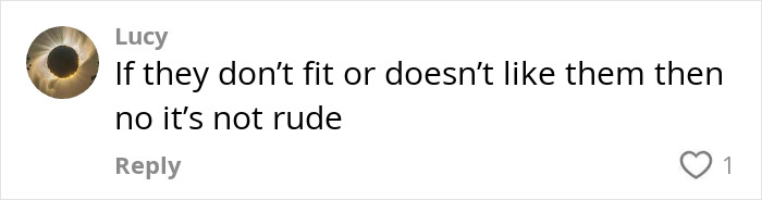 Comment on gift receipt for $2 thrifted boots, suggesting it's not rude if they don't fit or aren't liked. Comment on gift receipt for $2 thrifted boots, suggesting it's not rude if they don't fit or aren't liked.