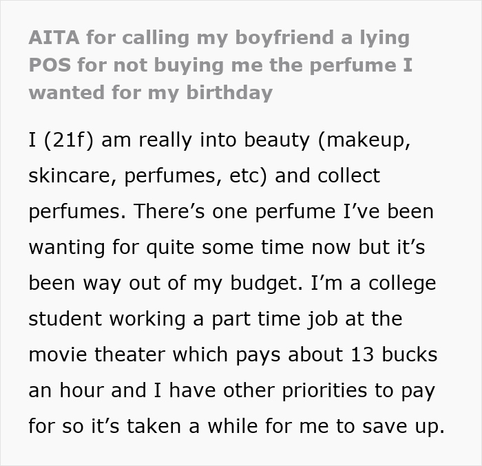 Text discussing a girlfriend upset over a boyfriend's lie about getting her a special birthday perfume.