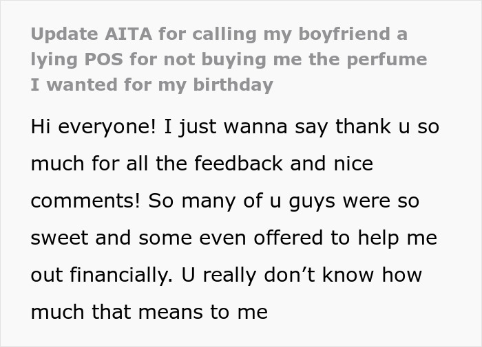 Text exchange about perfume and conflict between couple, expressing gratitude for support.