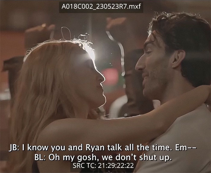 Couple in conversation; scene from Justin Baldoni video with subtitles.