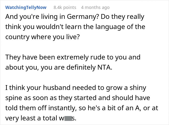 Comment supporting Canadian woman against rude family remarks in German. Comment supporting Canadian woman against rude family remarks in German.