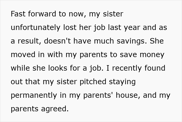 Text describing a man paying parents' mortgage; sister moves in after job loss.