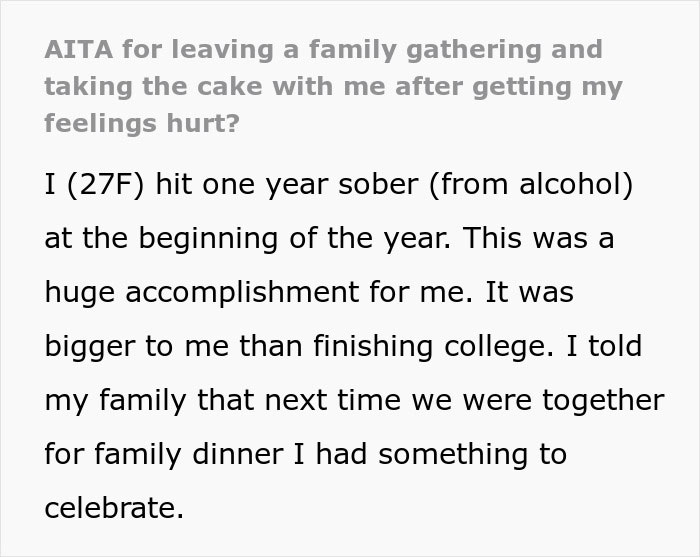 Text discussing a woman's sobriety milestone and family dynamics at a gathering. Text discussing a woman's sobriety milestone and family dynamics at a gathering.