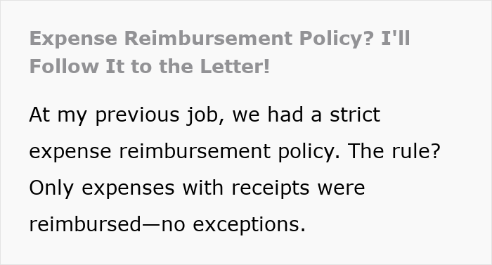Text describing strict expense reimbursement policy requiring receipts for all claims. Text describing strict expense reimbursement policy requiring receipts for all claims.