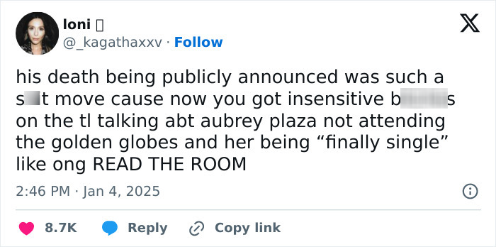 Tweet criticizing Aubrey Plaza's male fans for celebrating her single status. Tweet criticizing Aubrey Plaza's male fans for celebrating her single status.