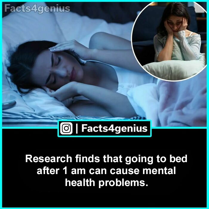 Woman struggling to sleep at night, highlighting interesting facts about late bedtime affecting mental health.