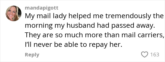 Text from user expressing gratitude to mail carrier for support during difficult time. Text from user expressing gratitude to mail carrier for support during difficult time.
