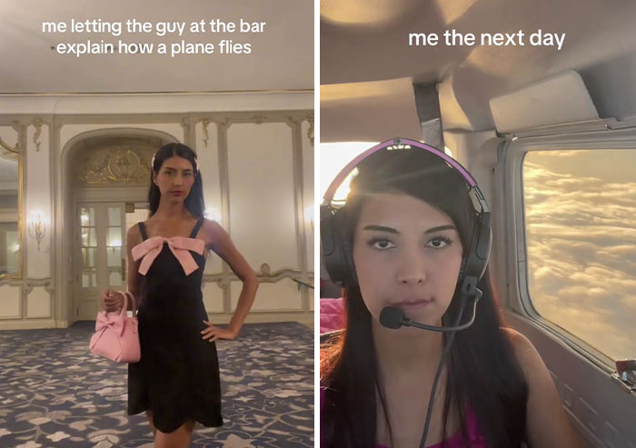 Woman listening at a bar and later piloting a plane, highlighting the TikTok "mansplain" trend.
