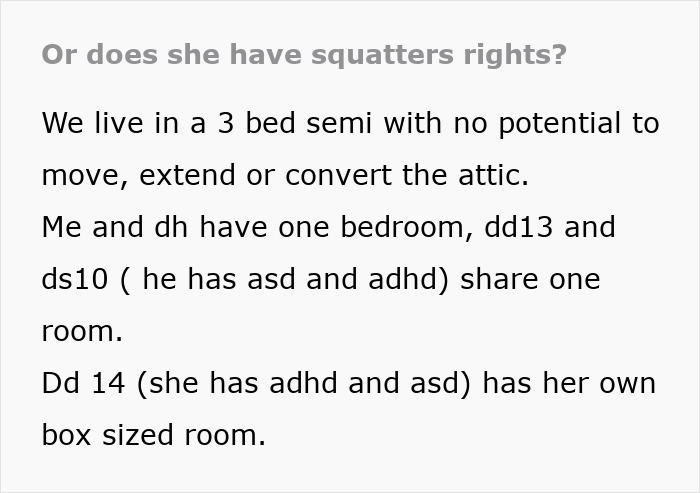 Text discussing squatters rights in a three-bedroom family home with space limitations and shared rooms.