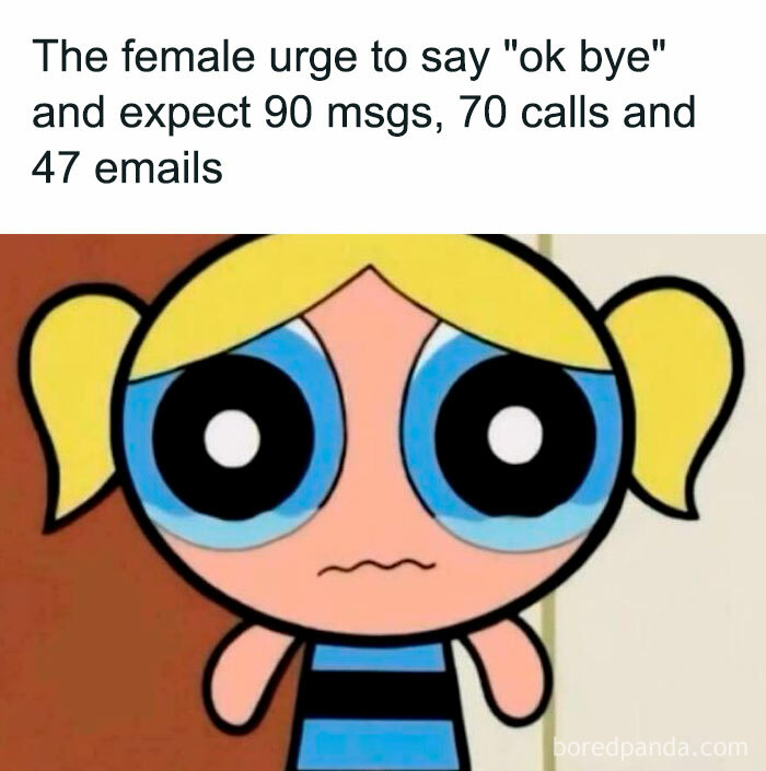 Cartoon character with big eyes and text about expecting messages, calls, and emails; highlights women needing a reality check.